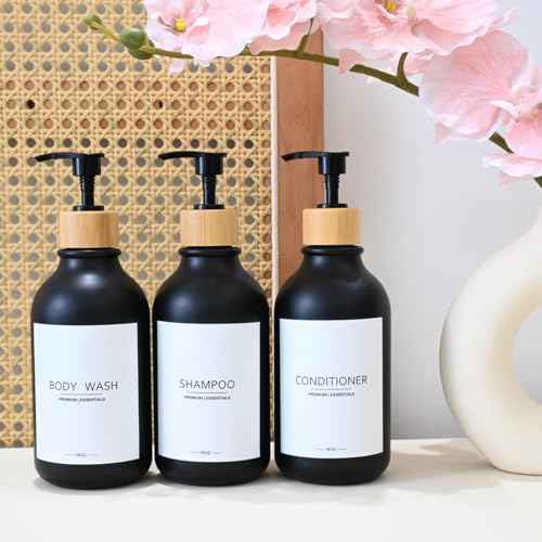 Shampoo and Conditioner Frosted Bottles Bamboo Pump, Refillable Shampoo Empty Bottles for Lotion Oil Shower Soap Dispenser (6p-Black)