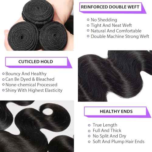 Human Hair Bundles Body Wave 12A Unprocessed Brazilian Virgin Weave 3 Bundles 18 20 22 Inch Real Human Hair Quick Weave Sew in Hair Double Weft Full and Thick Natural Black Wavy Hair for Women