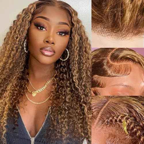 Highlight Ombre 13x4 Lace Front Wig Human Hair Pre Plucked HD Transparent 4/27 Honey Blonde Lace Front Wig with Baby Hair 180% Density Colored Water Wave Wig for Women 22 Inch