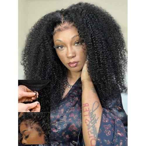 Nadula Bye Bye Knots Glueless Kinky Curly Drawstring Wig Human Hair with 4C Curly Edges, Pre Cut 7X5 HD Lace Front Ready to Go Afro Kinky Wigs Pre Plucked Bleached Knots with Curly Baby Hair 14inch
