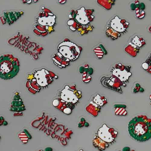 Cute 5D Relief Nail Art Sticker Decals Self Adhesive Christmas Cat Design Nail Decals Cartoon Cat Designer Nail Stickers for Women DIY Manicure Xmas Nail Stickers Decoration Accessories Supply