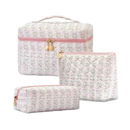 3Pcs Quilted Pink Floral Makeup Bag Cosmetic Bag for Women Teen Girls,Cute Flowers Make Up Bags,Aesthetic Large Cotton Cosmetic Pouch,Flower Coquette Travel Toiletry Organizer Storage Bag
