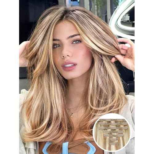 Clip in Hair Extensions Real Human Hair Blonde 22 inch 8pcs 120g 100% Unprocessed Full Virgin Hair Pieces for Women Human Hair Extensions Double Weft(22 inch #18/613)