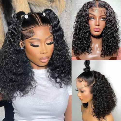 13x6 HD Lace Front Wigs Human Hair 200% Density Curly Deep Wave Wig 16 Inch Deep Wave Lace Front Wigs Human Hair Pre Plucked Curly Wig for Women Natural Color