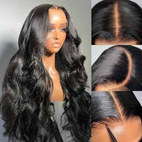 Body Wave Glueless Wig Human Hair 28 Inch Pre Plucked Pre Cut Glueless Lace Front Wig Ready to Wear 6x4 Body Wave Closure Wig 180% Density Human Hair Bleached Knots Natural Black