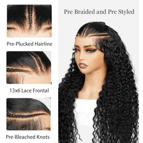 Burmese Curly Wig Human Hair Pre Braided Wig 13x6 Water Wave Lace Front Wigs Human Hair 180% Density Glueless Transparent Lace Frontal Wigs Pre Plucked for Black Women with Spiral End (22 Inch)