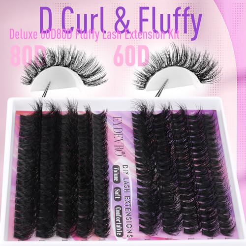 Eyelash Extension Kit Thick Lash Extension Kit D Curvature Lash Clusters Kit Volume Individual Lashes 200 Pcs DIY Lash Extension Kit with Lash Bond and Seal Lash Tweezers (60D80D,10-18mm) by EYDEVRO