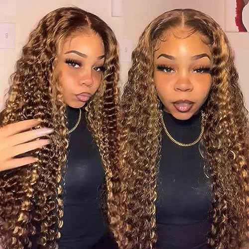 28 Inch 13x6 Highlight Ombre Deep Wave Lace Front Wigs Human Hair Pre Plucked #4/27 Colored Glueless Wigs Water Wave Honey Blonde Curly Lace Frontal Wigs Human Hair for Women