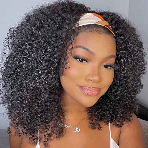 Kinky Curly Headband Wig Human Hair 14 Inch Headband Wigs for Women Human Hair Glueless None Lace Front Curly Wave Wigs Brazilian Virgin Hair Wear and Go Glueless Wig 150% Density Natural Black Color