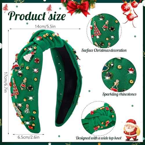 obeoby Christmas Headband for Women, Knotted Headbands with Christmas Tree Crystal Pearl Snowflake Decorations Holiday Hairband