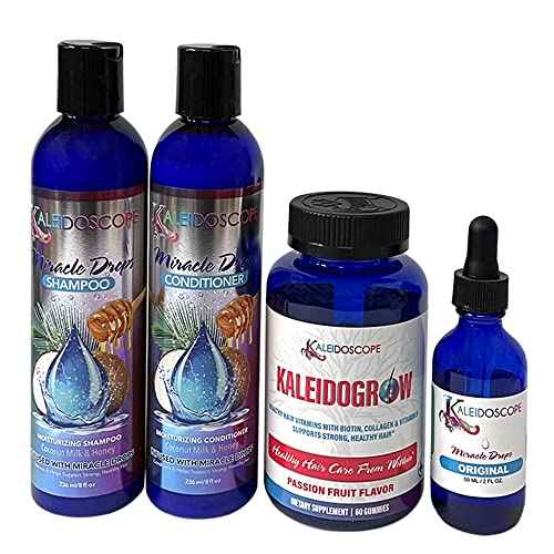 Kaleidoscope - Miracle Drops Shampoo, Conditioner, Original Miracle Drops & Kaleidogrow Vitamins? Hair Care Styling Bundle 4 Pcs Set