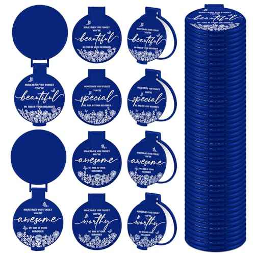 100 Pcs Inspirational Compact Mirror Bulk Small Pocket Mirror Purse Round Portable Folding Makeup Mirror Thanksgiving for Women Coworker Employee Teacher(Blue)