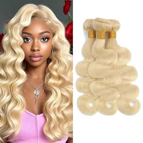 613 Body Wave 3 Bundles Human Hair 22 24 26 Inch, 100% Unprocessed 10A Brazilian Human Hair Bundles, Double Weft Body Wave Bundles, 613 Color Wet and Wavy Hair Extensions