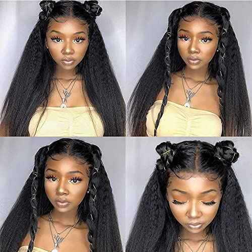 Kinky Straight Human Hair Wig 360 Lace Front Wigs Human Hair 180% Density Yaki Straight Human Hair Wig 18Inch 360 Lace Frontal Wigs Human Hair for Women Natural Color
