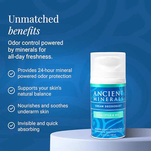 Ancient Minerals Natural Deodorant Cream ? Eucalyptus & Mint Scent, Aluminum-Free, Vegan Deodorant for Women and Men with Magnesium, Zinc & Vitamin E, for Sensitive Skin, 2 oz