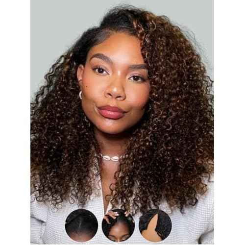 Sunber EasiContour V Part Human Hair Ombre Chestnut Brown Curly Glueless Wig Upgrade Vpart Wigs No Leave Out No Gel 180% Density V Shape Clip Wigs No Sew in Ready to Go Beginner Friendly 18Inch