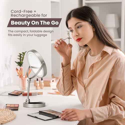 Smart 9" LED Light Makeup Mirror, Rechargeable, 1X/10X Magnifying Vanity Mirror with 3 Color Lights, Height Adjustable, Large Tall 360¡Æ Swivel Double Sided Standing Travel Mirror (Nickel)