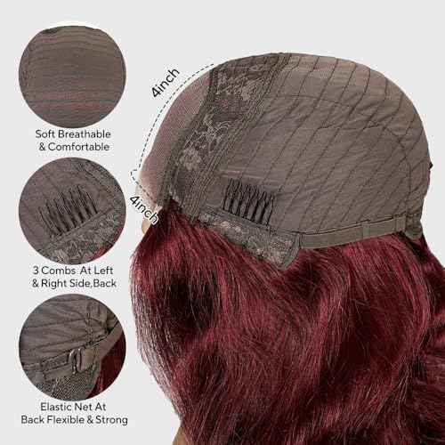 SUPERNOVA 99J Burgundy Lace Front Wigs Human Hair 4x4 HD Body Wave Wigs with Baby Hair 180% Density Red Wine Colored Wigs for Women 16 Inch