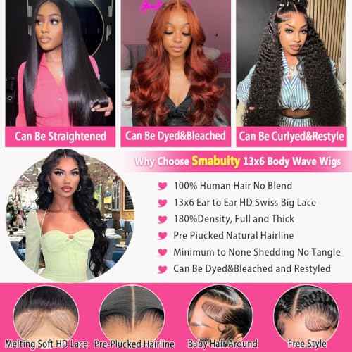 13x6 Body Wave Lace Front Wigs Human Hair HD Transparent Lace Front Wigs Human Hair 180 Density Glueless Frontal Wig for Women Pre Plucked with Baby Hair 22 Inch