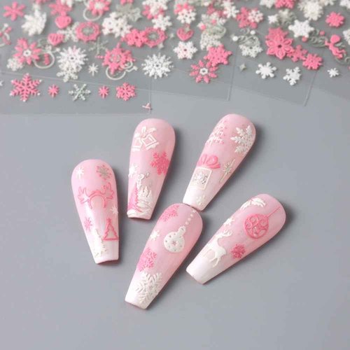 12 Sheets Christmas Nail Stickers Pink White Snowflake Nail Decals for Nail Art Christmas Snowman Reindeer Heart Nail Art Stickers 3D Self Adhesive Nail Supplies for Women Christmas Nail Decoration