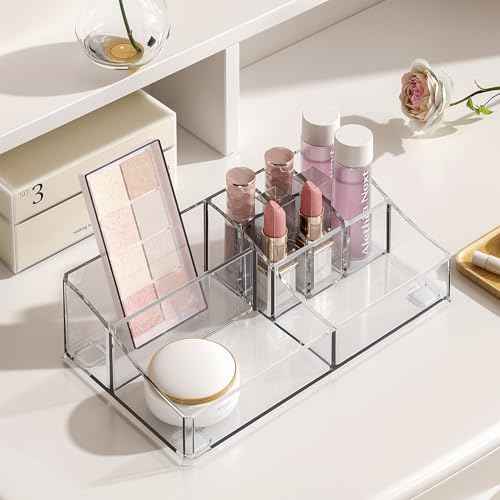 Delamu 4-Tier Clear Makeup Organizer with Drawer, Stackable Acrylic Cosmetic Storage for Bathroom Vanity, Dresser Countertop, Make Up and Jewelry Storage, Beauty Holder for Lipstick Brush Skincare