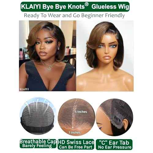 KLAIYI Ombre Brown Layered Bob Wig Human Hair Bye Bye Knots Glueless Wigs Pre Cut 7x5 Lace Front Pre Plucked Bleached Drawstring Ready to Wear and Go Wig with Dark Roots Chestnut Brown Straight 12Inch