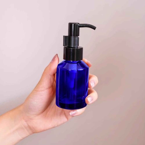 QUUPY 2PCS 60ml Upscale Refillable Cobalt Glass Lotion Pump Bottle with Black Lock Dispenser Toiletries Bottle Cosmetic Container Jar Pot for Cream Essence Shampoo Body Wash