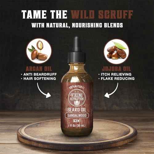 Viking Revolution Sandalwood Beard Balm for Men (2oz) and Sandalwood Beard Oil (1 fl oz) Bundle - With Argan and Jojoba Oils - Soften and Moisturize - Stocking Stuffers for Men