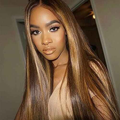 Lemoda Outlet Deals 13x6 Highlight Ombre Lace Front Wig Human Hair 180 Density 24 Inch Straight Transparent Lace Pre Plucked Honey Blonde Human Hair Wigs for Women P4/27 Color