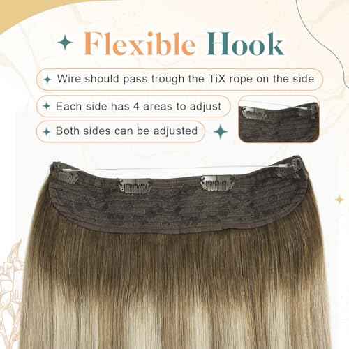 Sindra Wire Hair Extensions Human Hair Balayage Walnut Brown to Light Brown With Blonde Fishing Line Extensions 20Inch 85g Remy Invisible Wire W20#3/8/22