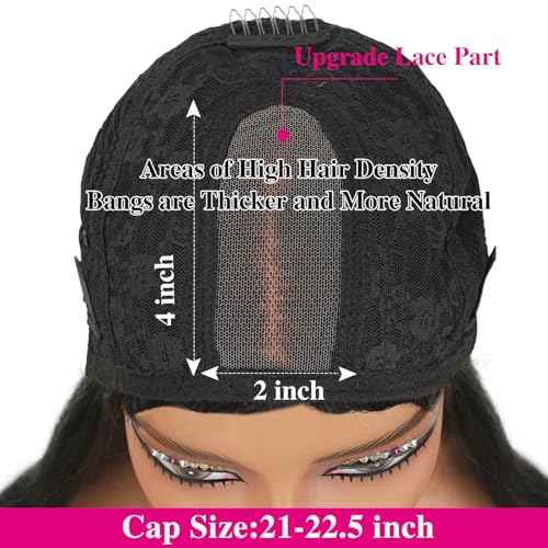 2x4 Lace Front Wigs With Bangs Human Hair 200% Lace Closure Wigs For Women Brazilian Virgin Hair Wear and Go Glueless Wig Natural Black Color(16 Inch)