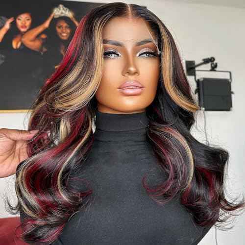 Black Red Blonde Highlights Wig Human Hair 13x4 Body Wave Lace Front Wigs Human Hair 180% Density Ombre Blonde Red Highlight Glueless Colored Body Wave Wig Pre Plucked for Women 18 Inch
