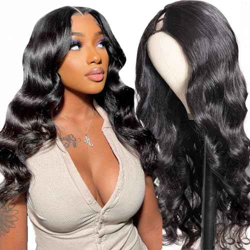 U Part Human Hair Wig Body Wave for Women Brazilian Remy Upart Human Hair Wig Beginner Friendly No Sew in NO Glue 250% Density Natural Color 22Inch