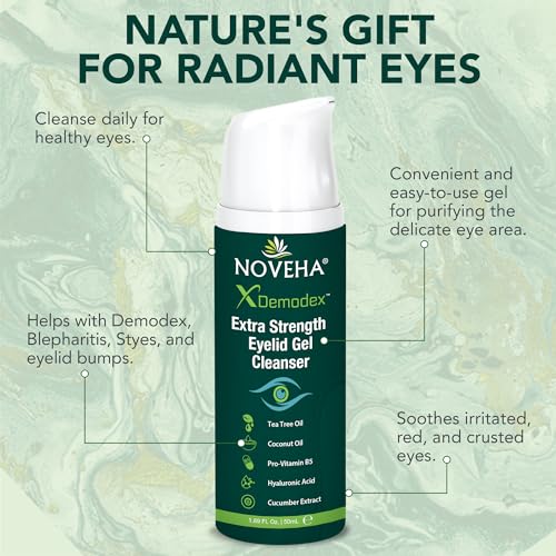 NOVEHA Demodex Extra Strength Eyelid Gel Cleanser - for Demodex, MGD and Dry Eye with Pro-Vitamin B5, Tea Tree Oil, and Hyaluronic Acid - Gentle Cleansing, Soothes Itchy Eyelid - 50mL (1 Pack)