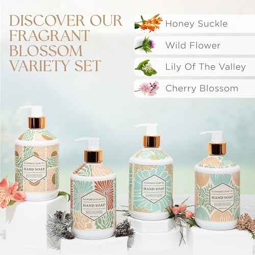 FlowerBox Liquid Hand Soap with Pump ? Set of 4 Scented, Decorative Hand Soap Dispensers for Bathroom and Kitchen ? 500 mL Luxury Floral Mosaic Bottles, Gift Pack