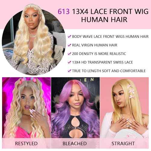 613 13x4 Lace Front Wig Human Hair 200 Density 22 Inch Body Wave Blonde HD Lace Front Wigs Human Hair Pre Plucked with Melted Hairline Tiny Knots Soft Texture Tangle Free Shedding Free Triple Lifespan
