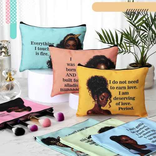 Silkfly 24 Pcs Christmas African American Gifts Black Girl Women Makeup Bag Cosmetic Bag Afro Queen Inspirational Canvas Toiletry Travel Organizer Pouches for Christmas Stocking Stuffers Party Favor