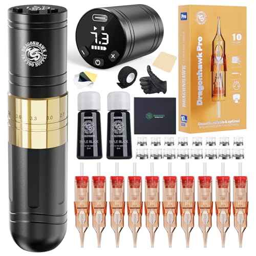 Dragonhawk A2 Wireless Tattoo Pen Kit with 2 Batteries ? Adjustable Stroke 2.4-4.2mm, Powerful Mcore-A Motor, Quiet Rotary Tattoo Gun for Lining & Shading