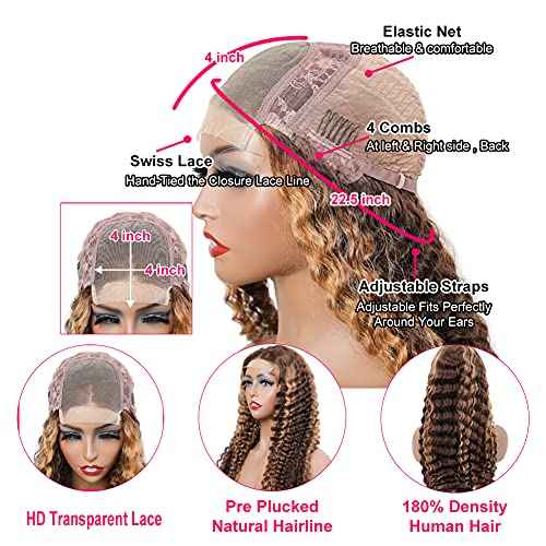 BLY Highlight Human Hair Lace Front Wigs Deep Wave #4/27 Ombre Colored Glueless Wigs Pre Plucked 22 Inch 4x4 Transparent Curly Water Wave Lace Wig Honey Blonde Real Human Hair 180% Density