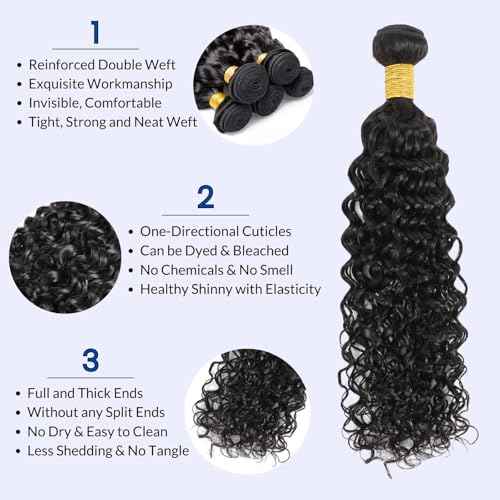 Water Wave Human Hair Bundles Curly Bundles, Natural Black Wet And Wavy Human Hair Bundles Sew In Weave, Soft & Shed-free 12A 100% Brazilian Virgin Remy Hair 3 Bundles 16 18 20Inch