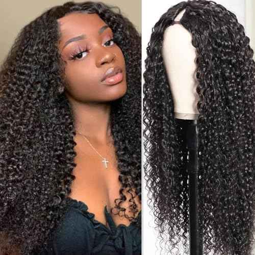 Curly V Part Wig Human Hair Brazilian Virgin Human Hair Wigs for Black Women Upgrade U Part Wigs Glueless Full Head Clip In Half Wig No Leave Out 180% Density Natural Black 20 Inch