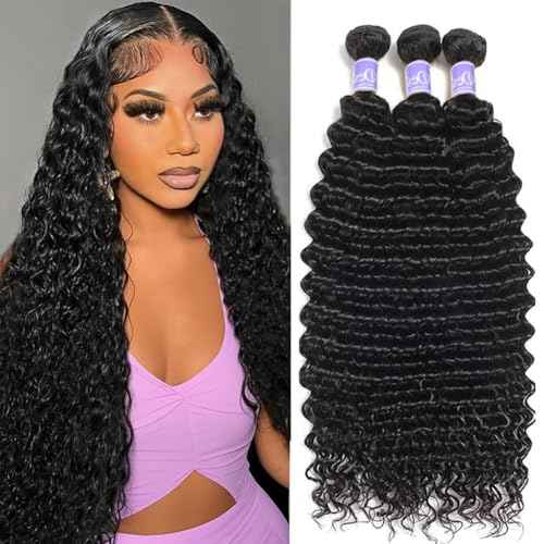 Deep Wave Human Hair Bundles 22 24 26 Inch 12A Brazilian Deep Wave Bundles Human Hair 100% Unprocessed Virgin Deep Curly Hair Weave Natural Black