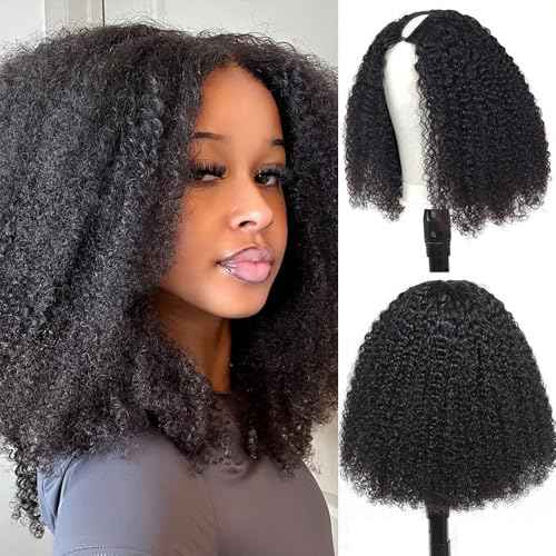 Afro Kinky Curly V Part Wigs With Drawstring For Black Women,200% Density Kinky Curly V Part Human Hair Wigs,Upgrade No Sew In & Glueless Design,Beginner Friendly,Natural Black Color(20inch)