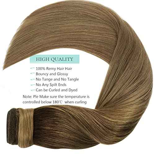 Long Ponytail Extension Human Hair Balayage Ponytail Hair Extensions Natural Wrap Around Clip on Ponytails for Women with Magic Paste 20 Inch 90g Ombre Darker Brown Mix Light Brown to Light Brown