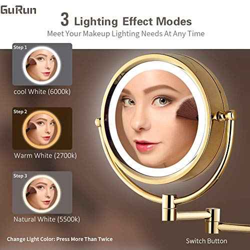 GURUN 8.5 Inch Magnifying Makeup Mirror with 3 Tones LED Lights Double Sided Vanity Mirror for Bathroom with 10X Magnification M1809DJ (Gold 10X)