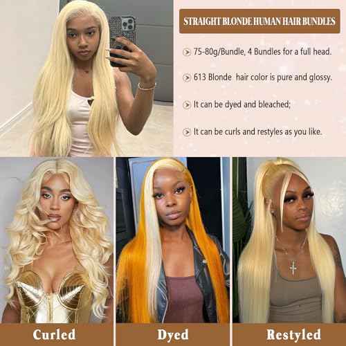 613 Blonde Bundles Human Hair 4 Bundles Straight 18 20 22 24 Inch 16A Grade Brazilian Virgin Human Hair Bundle Weave Hair Extensions For Women