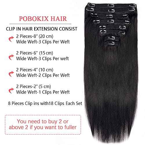26Inch Clip in Hair Extensions Real Human Hair Straight 8Pcs Remy Hair Extensions Clip in Human Hair with 18Clips Double Lace Weft 120g Natural Black