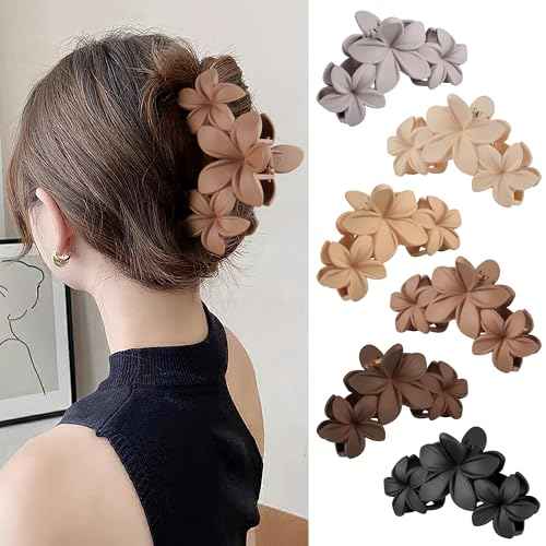 Hawaiian Flower Claw Hair Clips for Women & Girls ? 6PCS Cute Large Claw Clips for Thick Hair, No-Slip Thick Hair Claw Clip for Long Hair, Stylish Beach Hair Accessories, Neutral Colors (Set of 6)