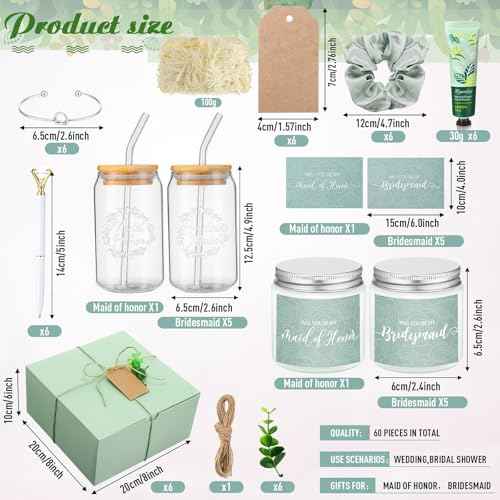 60 Pcs Bridesmaid Proposal Gifts Bridesmaid Box Set, Maid of Honor Gifts Include Box Glass Cup Candle Cards Scrunchies Hair Knotted Bracelets Hand Cream Diamond Pens(Green)