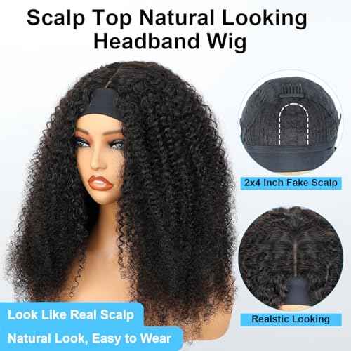 BLY Afro Curly Headband Wig Human Hair Half Wig for Women Glueless Kinky Curly Mongolian Wig 10A Grade 180% Density Natural Black Middle Part Headband Wigs 18 Inch